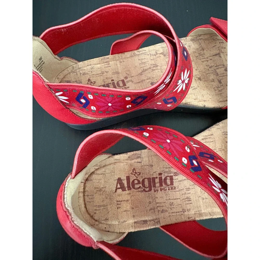 Alegria Women Ankle Strap Sandals LUC-7764 Size 36 Red Embroidered Floral 6 US